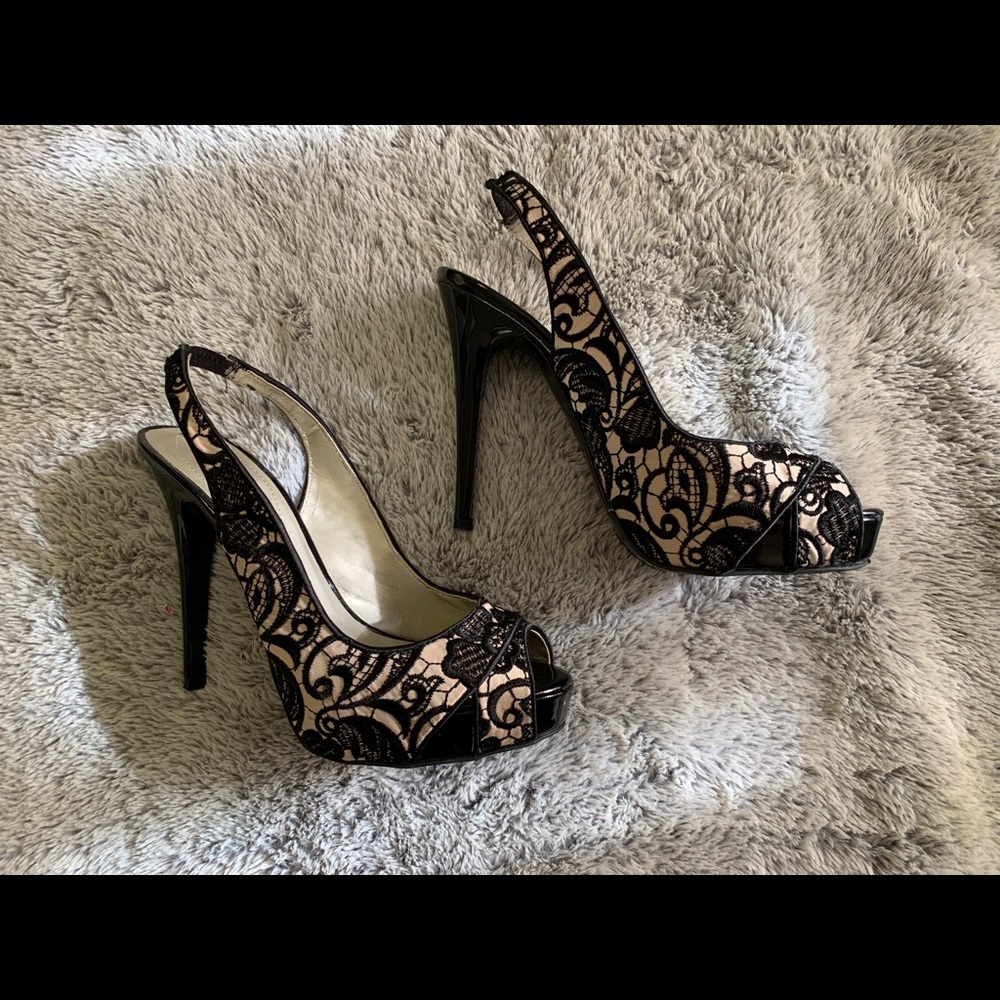 Guess Black & Cream Lace Heels, Size 7.5